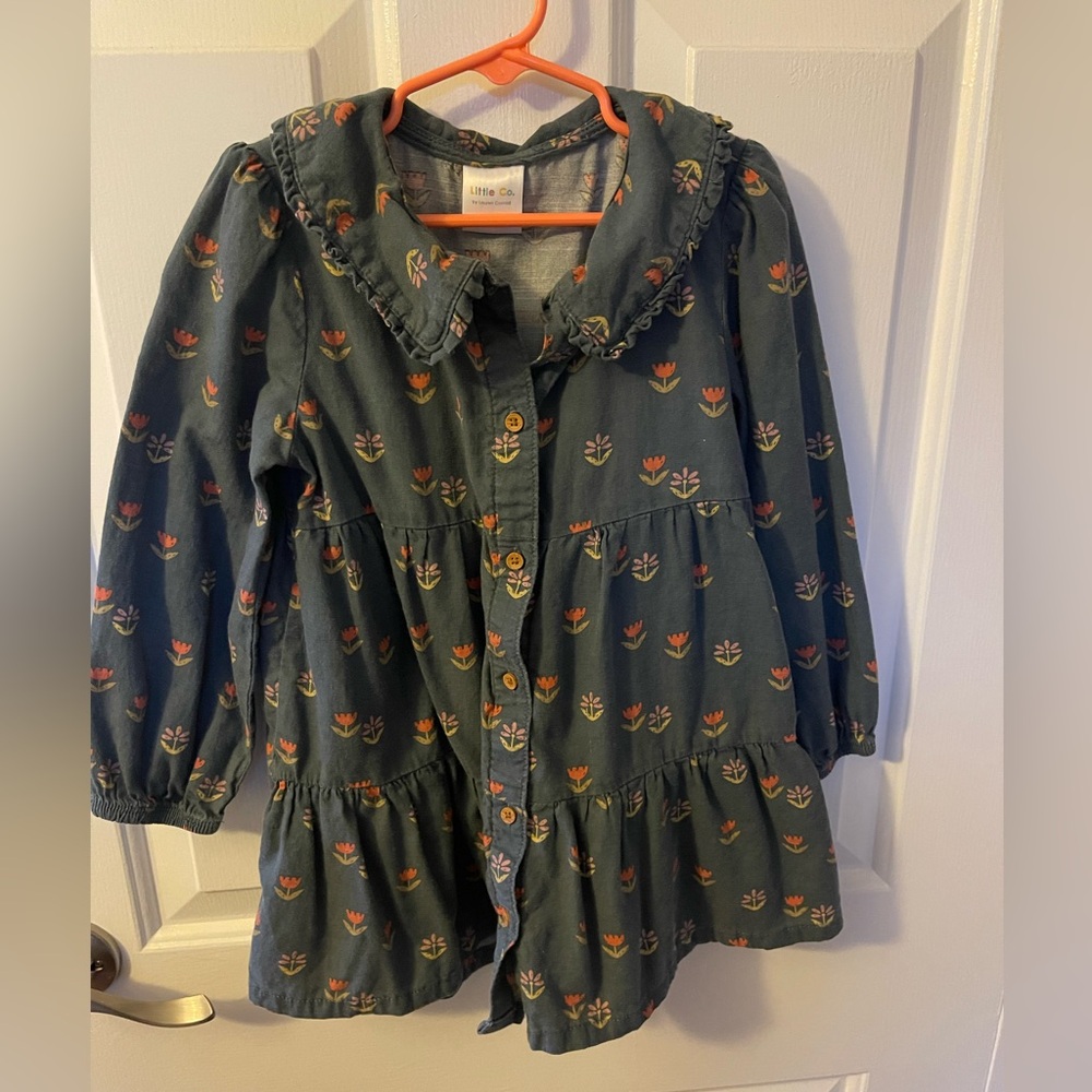 Little Co toddler girl green floral dress with ruffle collar. Size 5T